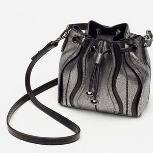 NEW ZARA EVENING METALLIC BUCKET BAG SILVER SWIRLS